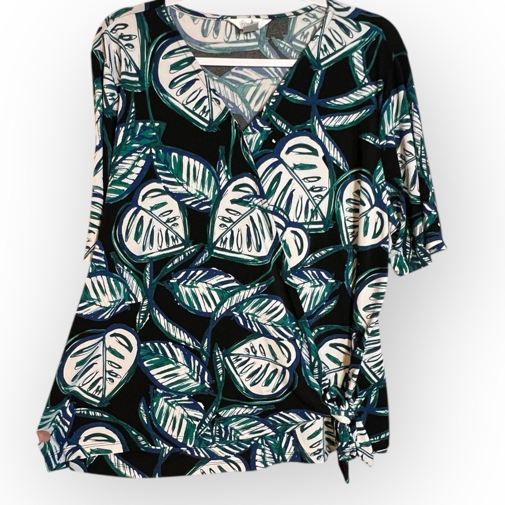 Women's CJ Banks Green Monstera Leaf Short Sleeve Faux Wrap Tie Top Sz 1X Resort